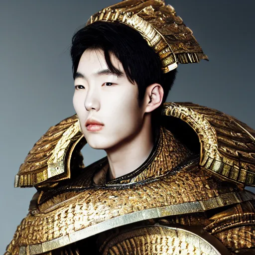 Image similar to a portrait of a beautiful young korean male wearing an alexander mcqueen armor , photographed by andrew thomas huang, artistic