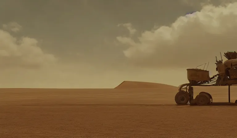 Prompt: A serene landscape with a singular building in the style of the Mad Max Fury Road movie still frame