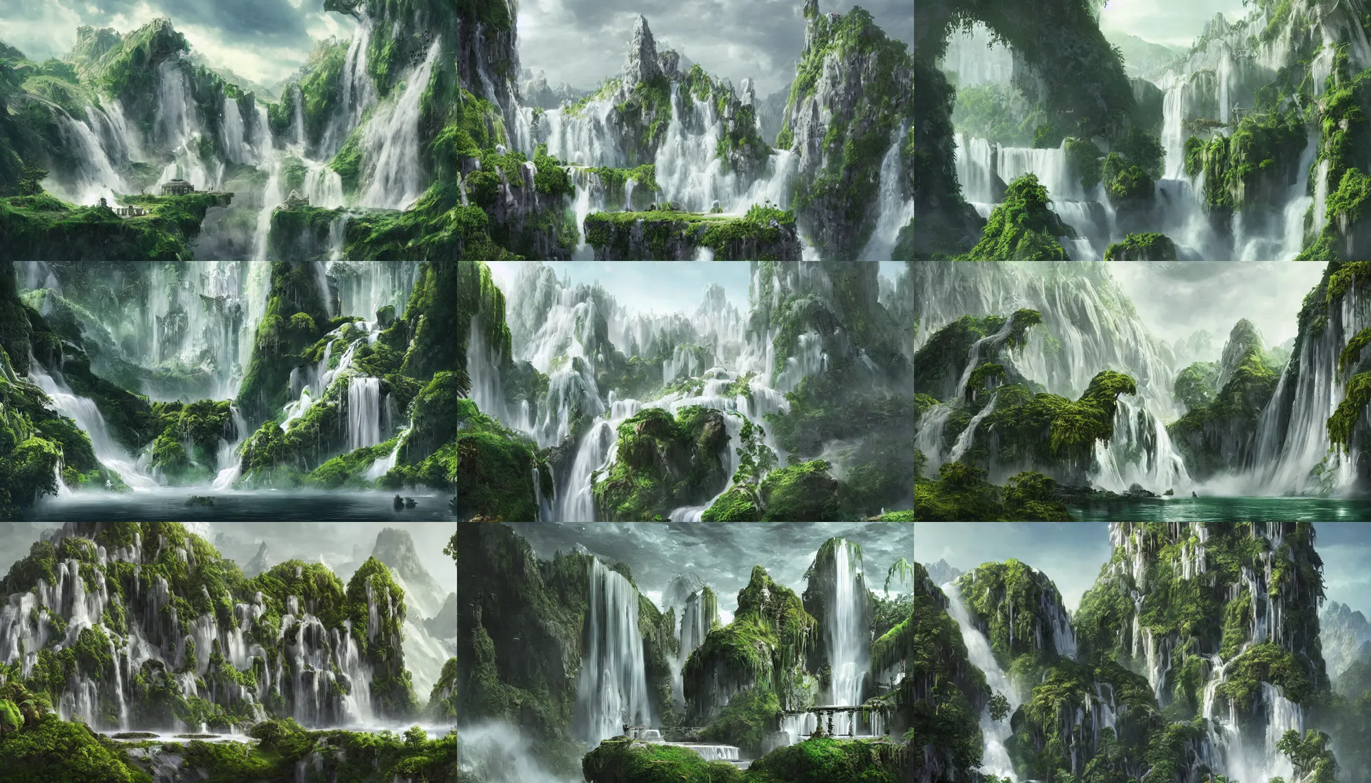 Prompt: Gorgeous white palace with big windows and columns built in the green giant mountains, with waterfall, hyperdetailed, artstation, cgsociety, 8k