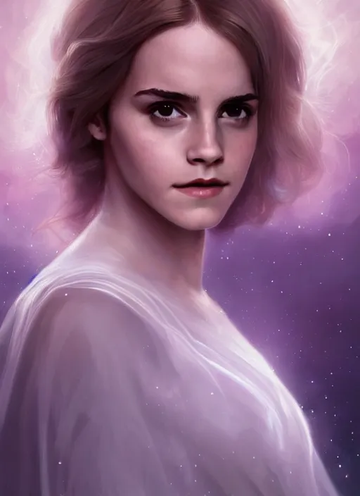 Prompt: emma watson as nature magic celestial, long hair, soft pink and white transparent cloth, space, D&D, shiny background, intricate, elegant, highly detailed, digital painting, artstation, concept art, smooth, sharp focus, illustration, artgerm, bouguereau