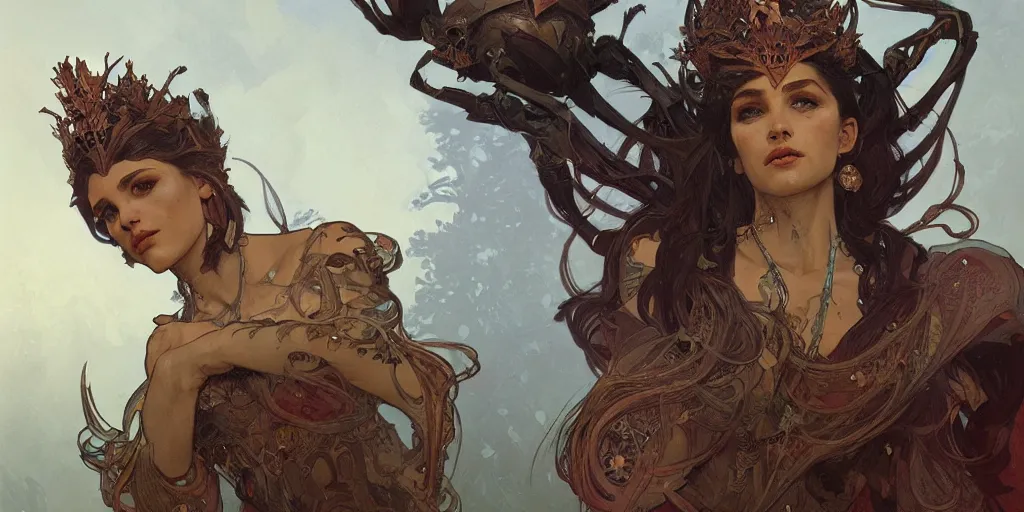 Prompt: A portrait of the crab Queen, Magic the Gathering art, art by greg rutkowski and alphonse mucha, highly detailed, digital painting, matte painting, concept art, illustration, trending on artstation, very detailed