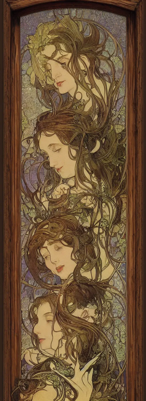 Image similar to an art nouveau wood screen picture frame by brian froud and alphonse mucha distressed wood patine painting concept cinematic lighting Gaudi