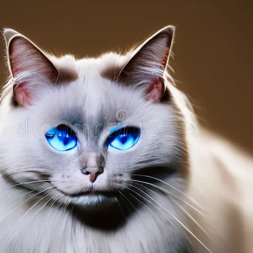 Image similar to full-body studio photograph of a birman cat, clear ice-blue eyes, warm brown colorpoints, hd, studio lighting, stock photo, longhaired, anatomically accurate