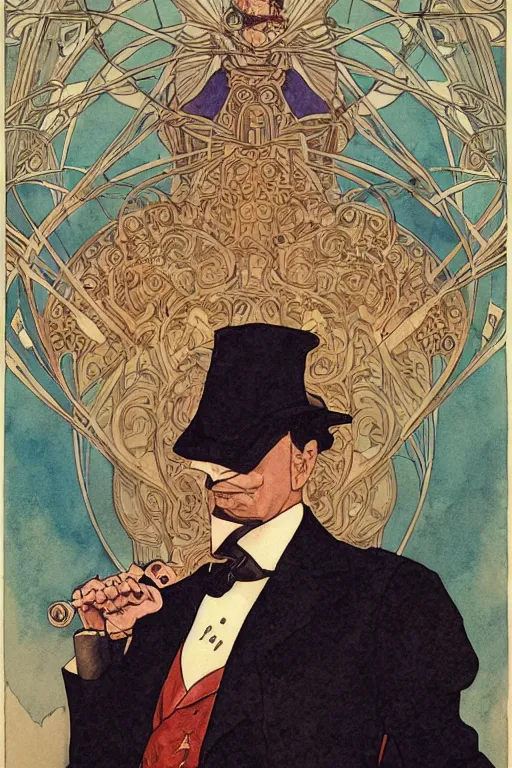 Prompt: zoomed out portrait of a duke, victorian era, art deco style, stylized illustration by moebius and jean - baptiste monge, watercolor gouache detailed paintings in style of syd mead, metabaron, mucha, daumier, caricature, diesel punk, artstation