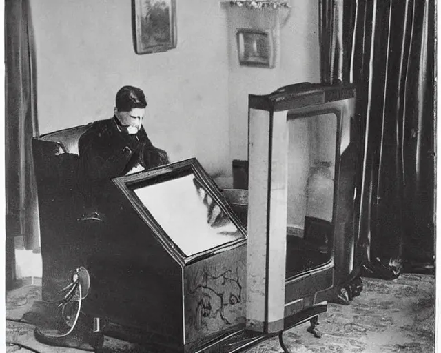 Image similar to 1 9 0 0 s photo of a person watching a flat screen hd tv