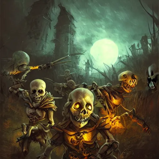 Prompt: dangerous skeletons attacking a village at night, dnd, dramatic, fantasy art