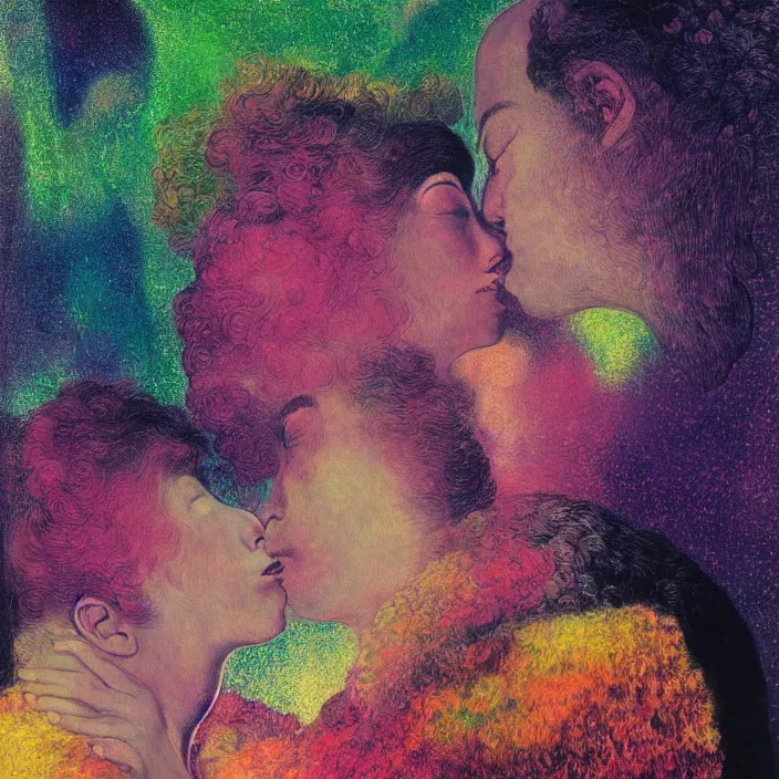 Image similar to close portrait of woman and man kissing. aurora borealis. iridescent, vivid psychedelic colors. painting by arcimboldo, agnes pelton, utamaro, monet