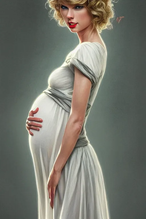 Prompt: pregnant taylor swift in a white dress, realistic portrait, symmetrical, highly detailed, digital painting, artstation, concept art, smooth, sharp focus, illustration, cinematic lighting, art by artgerm and greg rutkowski and alphonse mucha