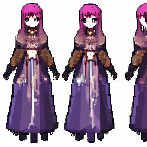 Image similar to pixel art madoka magika boho cute beautiful druid girl spritesheet mystical anime character design full body, scarf, detailed, realistic proportions