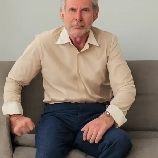 Image similar to full body photo of steve, mature male, mysterious face. he is a doctor. he is sitting gracefully on a sofa, elegant slim beige shirt. he has stately tummy