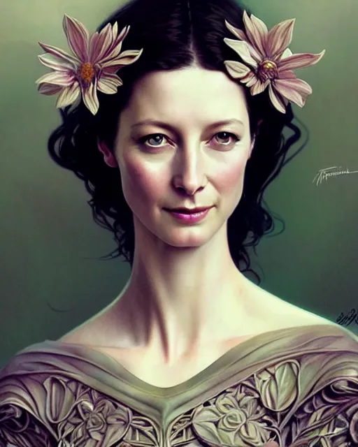 Image similar to beautiful and playful ethereal caitriona balfe ( outlander ) portrait, art nouveau, fantasy, intricate flower designs, elegant, highly detailed, sharp focus, art by artgerm and greg rutkowski and wlop