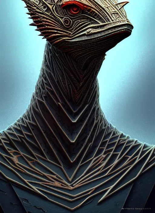 Image similar to anthropomorphic complex quadrilateral head in edgy darkiron archaeopteryx, intricate, elegant, highly detailed animal monster, digital painting, artstation, concept art, smooth, sharp focus, illustration, art by artgerm, dwayne barlowe, trending on artstation and greg rutkowski and alphonse mucha, 8 k