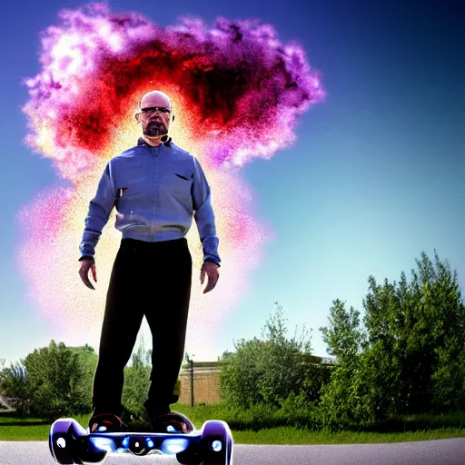 Prompt: Walter White standing on a hoverboard with an exploding building behind him, HDR, 8k,