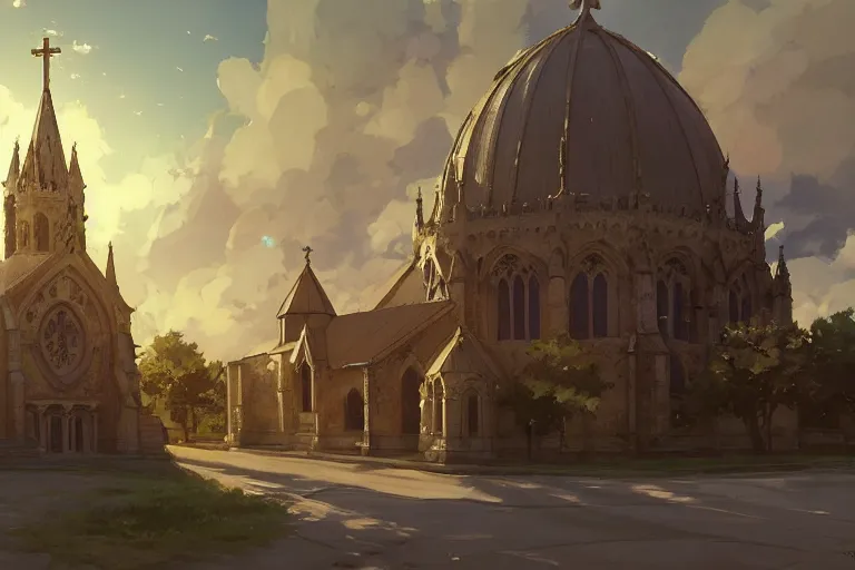 Prompt: concept art of a huge ornate church with lots of smaller chapels combined on top of a tank aka churchtank in an open field, key visual, ambient lighting, highly detailed, digital painting, artstation, concept art, sharp focus, by makoto shinkai and akihiko yoshida and greg manchess