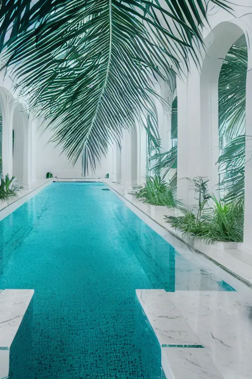 Image similar to detailed interior of a vaporwave pool, white marble walls, palm vegetation, light shafts, stunning atmosphere, cinematic lighting, smooth, sharp focus, high detail, cinematic feel