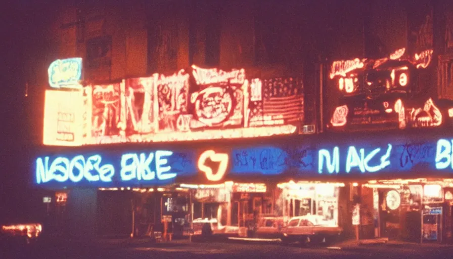 Prompt: 70s movie still of one Nicolas Sarkozy with cocaine , cinestill 800t 18mm heavy grain, cinematic, dramatic dark lighning, brooklyn neon boards