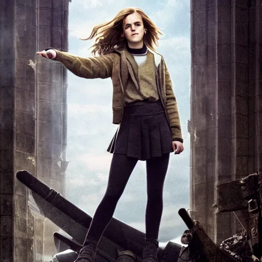 Prompt: Photo of Emma Watson as Hermione Granger on top of a tank in Hogwarts