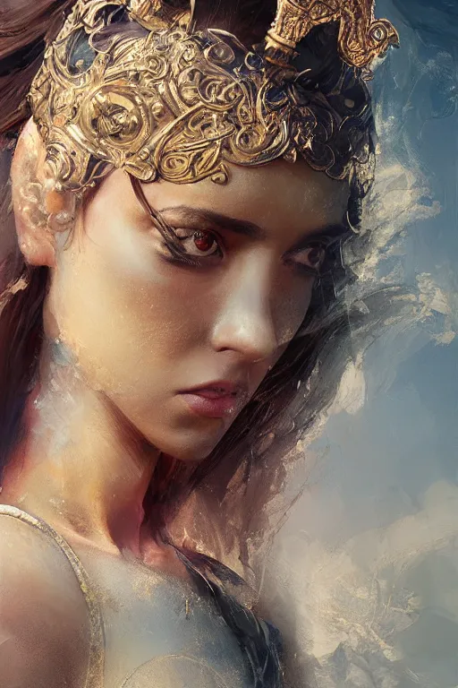 Image similar to greek goddess of ai art, close - up portrait, powerfull, intricate, elegant, volumetric lighting, scenery, digital painting, highly detailed, artstation, sharp focus, illustration, concept art, ruan jia, steve mccurry