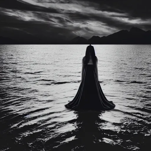 Image similar to lorde with a velvet crown and black gown standing on a raised translucent platform in the middle of the sea, night time with milky way in the sky. cinematic, 3 5 mm film, sharpness, nostalgic and melancholic 4 k, 8 k