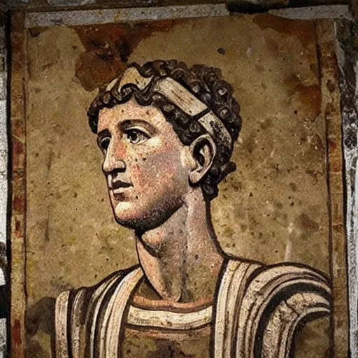 Image similar to photo of an ancient roman fresco on a wall in an ancient villa : mark zuckerberg as a roman noble senator. dressed in a toga. serious facial expressiondetailed, intricate artwork. well - preserved but faded