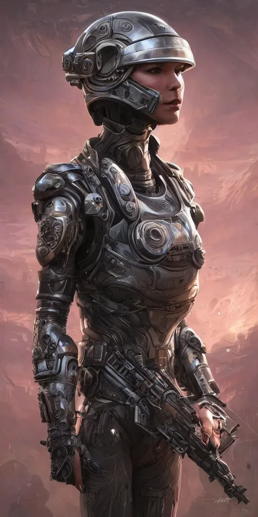 Image similar to Futuristic female soldier with open helmet in armour standing in a machine city with alien plants, portrait, highly detailed, fractals, ornate, cinematic, 8k, by Stanley Artgermm, Tom Bagshaw, Greg Rutkowski, Carne Griffiths, Ayami Kojima, trending on DeviantArt, hyper detailed, full of color, digital art,