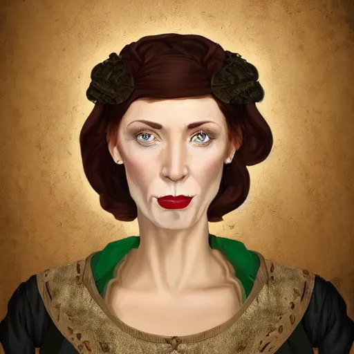 Image similar to head portrait, full faced, 40 years old women, dark red hair, green eyes, in beige historic clothing, high detail, digital art, medieval fantasy