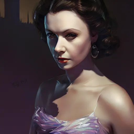 Image similar to closeup portrait of a young vivian leigh, dramatic lighting, city background, night, moon, chiaroscuro, complementary contrast, high detail, painted by greg rutkowski, painted by igor kieryluk, painted by bobby chiu, trending on artstation