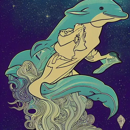 Image similar to a dolphin, astral projection, astral travel, space background, cinematic, detailed, very realistic, by Alphonse Mucha, Moebius, Laurie Greasley