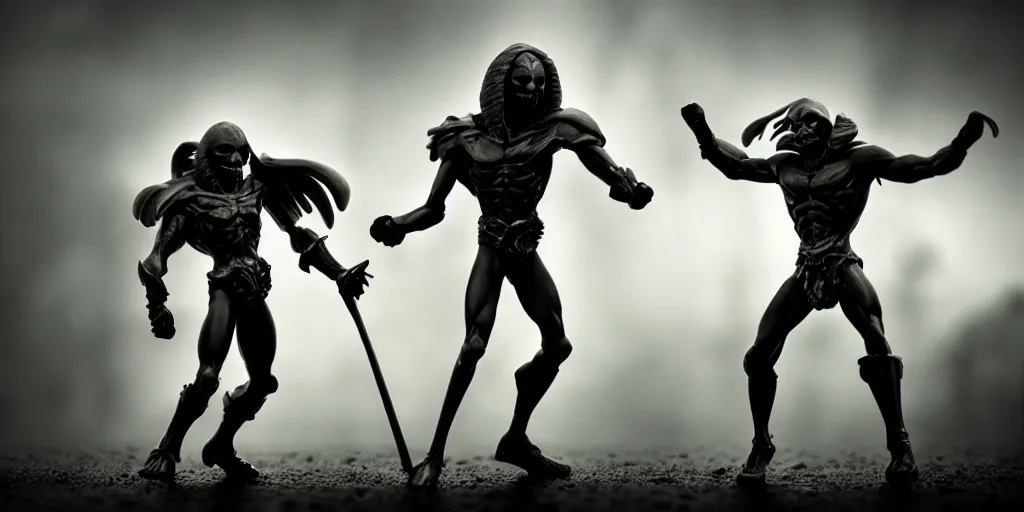 Image similar to skeletor fighting he - man, fog on the ground, heavy rain, lightning, moody lighting, shallow depth of field,