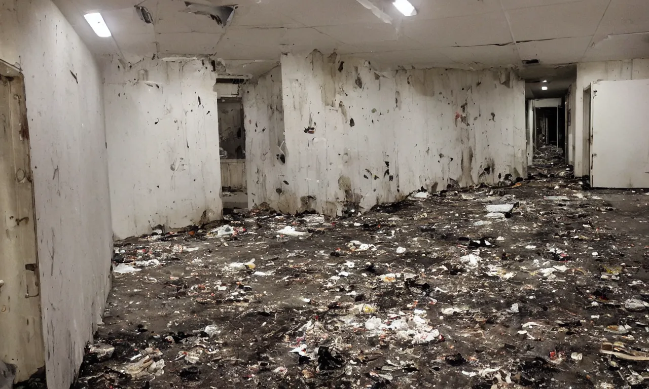 Image similar to backrooms abandoned mall, moldy walls and smoldering garbage