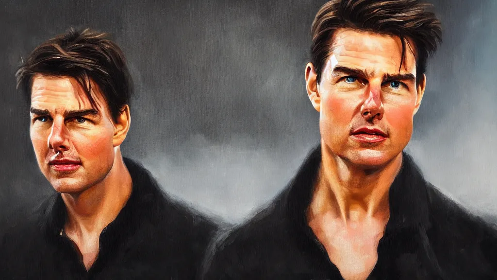 Image similar to The most beautiful studio portrait of Tom Cruise in the world; trending on artstation; oil on canvas; correct face; extraordinary masterpiece!!!!!!; 8k
