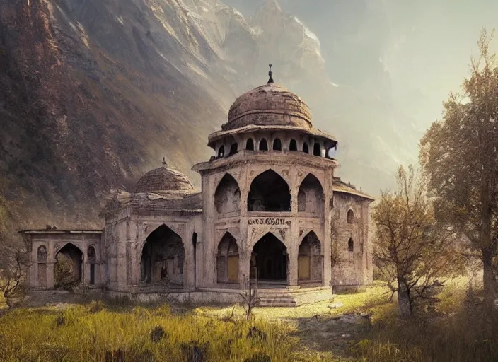 Prompt: An abandoned mosque in mountains of Kashmir, a fantasy digital painting by Greg Rutkowski and James Gurney, trending on Artstation, highly detailed