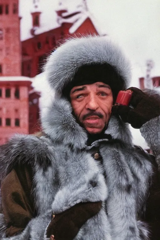 Prompt: gray fur hat soviet soviet russian winter fur cap with earflaps ushanka poster the movie 1 9 8 8 ussr don't be a menace to south central while drinking your juice in the hood, perfect symmetrical eye, soviet russian winter fur cap with earflaps ushankas vodka kremlin babushka communist