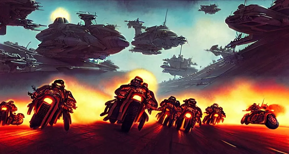 Prompt: motorbikers race in hell, military chris foss, john harris, hoover dam'aircraft carrier tower'beeple, wayne barlowe, warhammer 4 0 k, halo, halo, mass effect