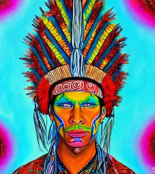 Prompt: Portrait painting in a style of Alex Grey of a shaman dressed in a colorful traditional clothes.