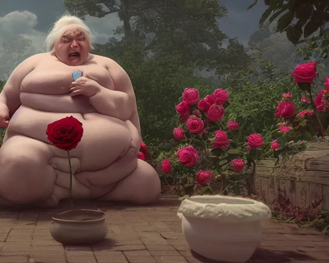 Image similar to of a very beautiful scene. ambient occlusion render. a sweet fat old woman is giving birth a beautiful colorful rose. hyper realistic. 4 k. wide angle. wild. symmetrical face, red mouth, blue eyes. deep focus, lovely scene. ambient occlusion render. concept art. unreal engine.