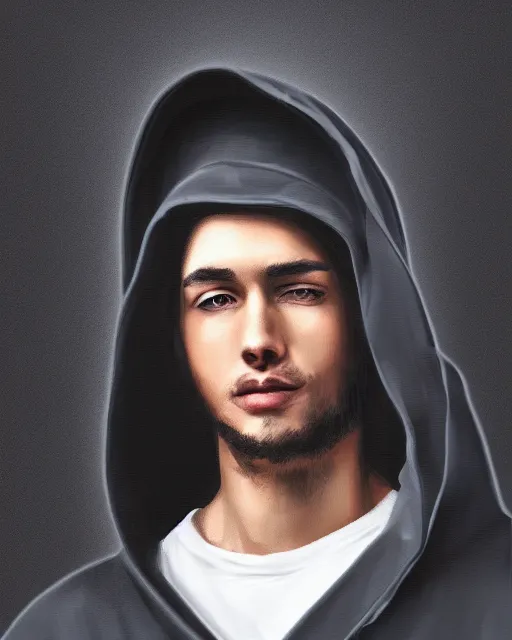 Image similar to digital art portrait of a young man in dark robes, hooded