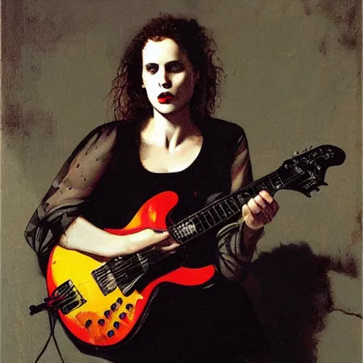 Image similar to Anna Calvi playing electric guitar by Caravaggio and Phil Hale