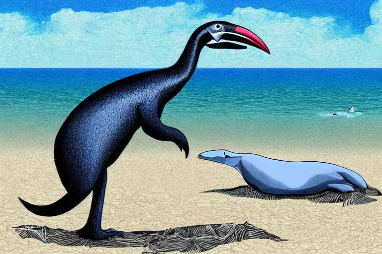 Prompt: digital art of a cassowary next to a beluga whale, beach, detailed, cartoon,