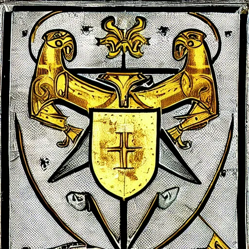 Prompt: “ medieval heraldry, white, black, gold, highly detailed, painted, realistic, historical, coat of arms, ”