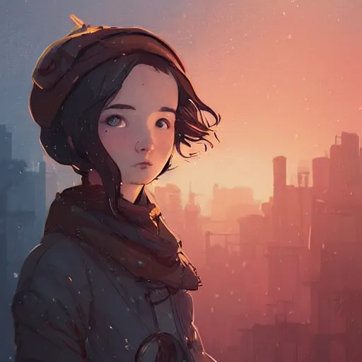 Prompt: Highly detailed portrait of a frostpunk young lady with, freckles and wavy hair by Atey Ghailan, by Loish, by Bryan Lee O'Malley, by Cliff Chiang, by Greg Rutkowski, inspired by image comics, inspired by graphic novel cover art, inspired by nier!! Gradient color scheme ((grafitti tag brick wall background)), trending on artstation