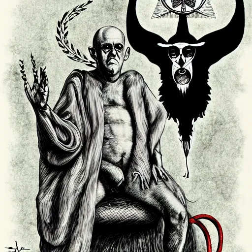 Image similar to graphic illustration, creative design, aleister crowley as baphomet, biopunk, francis bacon, highly detailed, hunter s thompson, mixed media