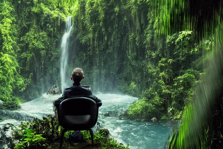 Image similar to movie closeup young man with a grey beard in a cyberpunk suit sitting on a futuristic chair at the edge of a jungle waterfall by emmanuel lubezki