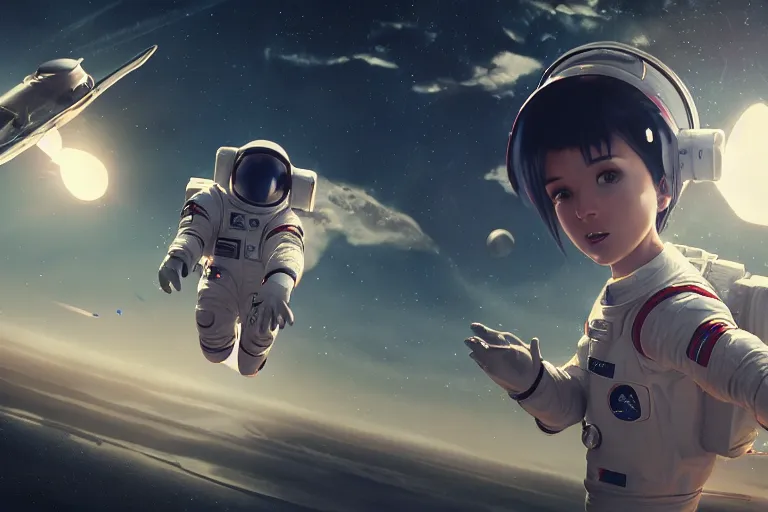 Image similar to astronaut chasing a spaceship Anime, wide angle, fine details, cinematic. galaxy starscape. realistic shaded lighting by Ilya Kuvshinov Giuseppe Dangelico Pino and Michael Garmash and Rob Rey greg rutkowski, octane render, IAMAG premiere, aaaa achievement collection, elegant freckles, cinematic hologram, fabulous, daily deviation, annual award winner