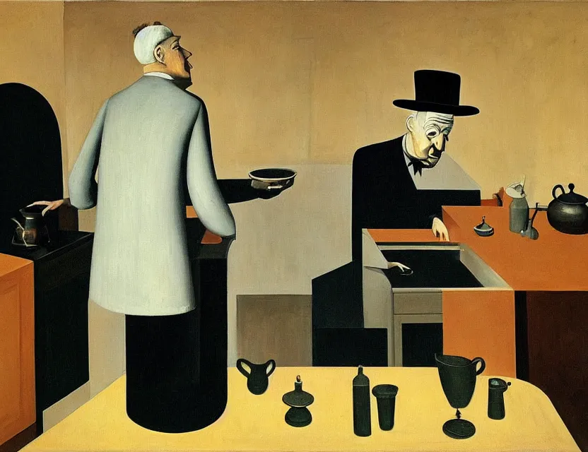 Image similar to a painting of a old and strange dusty professor in black suite and hat making a study of drinking 1 0 cups of black coffee in 5 seconds in a kitchen that is melting, styled and painted by giorgio de chirico