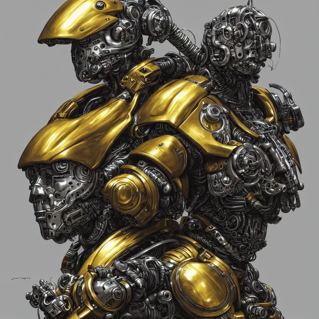 Prompt: Scifi art cyborg by Justin Gerard and Jason Edmiston ,high-tech, hard surface, metallic, cyberpunk, neon glow, sharp, titanium, helmet made out of steel and gold trending in art station