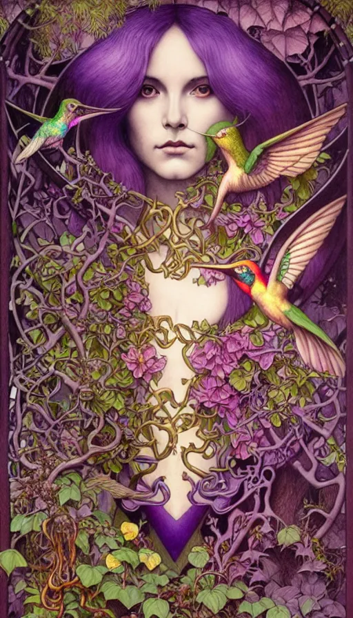 Prompt: M. C. Escher time machine, lush forest painted by tom bagshaw, mobius, mucha M. C. Escher, gold paint, ink, purple hummingbirds, gnarly details