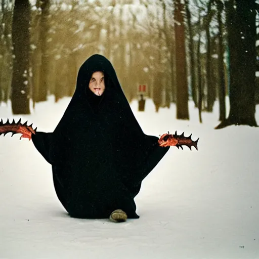 Image similar to woman in black hooded cloak holds a horned gremlin, kodak vision 3 500t