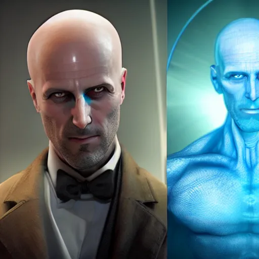 Image similar to A still of Dr. Manhattan as John Constantine, award winning photo, unreal engine, highly detailed features