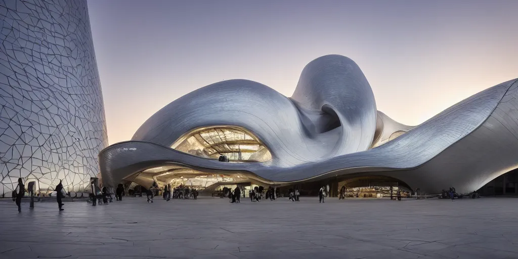 Image similar to extremely detailed stunning sophisticated beautiful elegant futuristic museum exterior by Zaha Hadid, Milan buildings in the background, smooth curvilinear design, stunning volumetric light, stainless steal, concrete, translucent material, beautiful sunset, tail lights